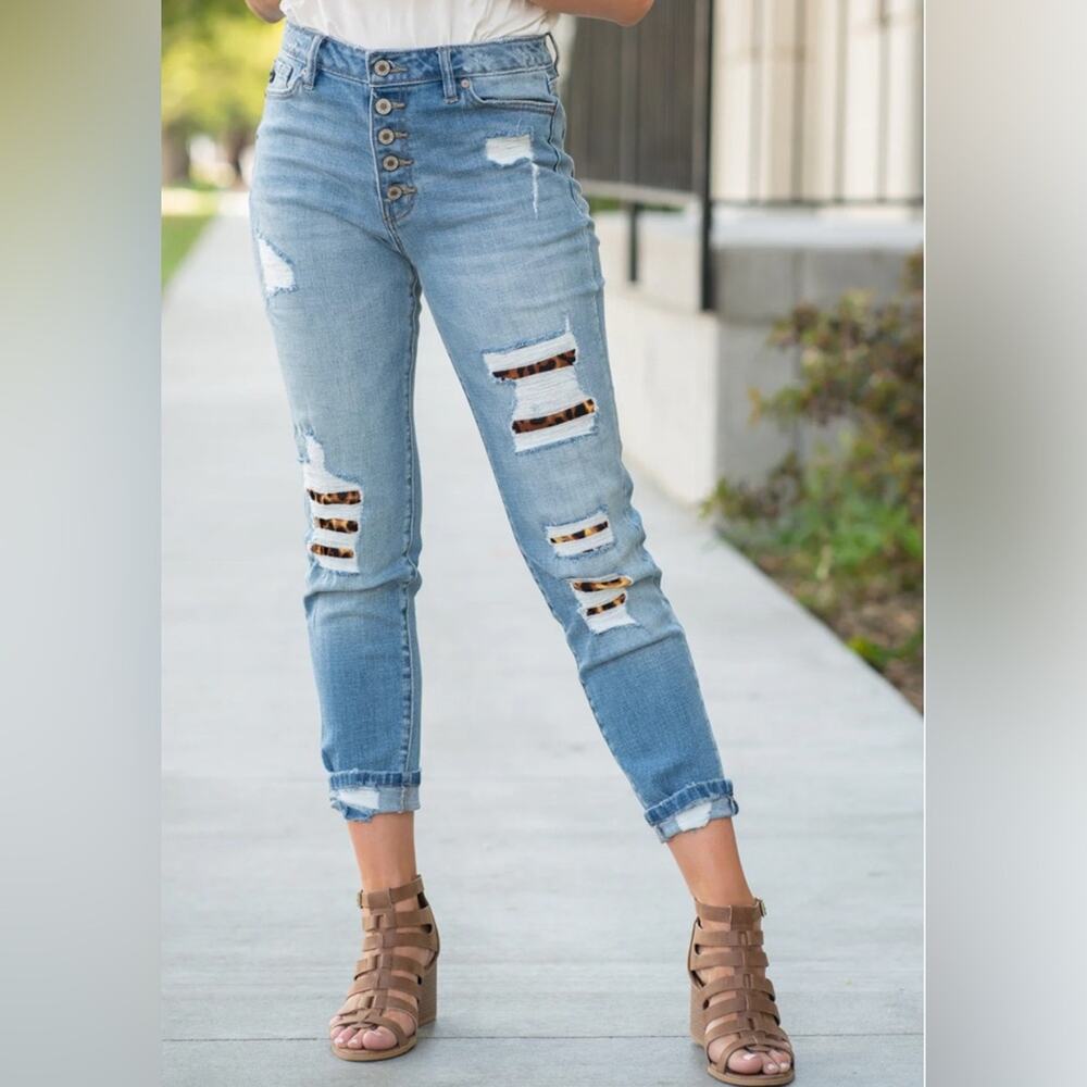 UEC KANCAN HIGH RISE BUTTON FLY LEOPARD PATCH SKINNY MEDIUM BLUE JEANS SZ 9/28